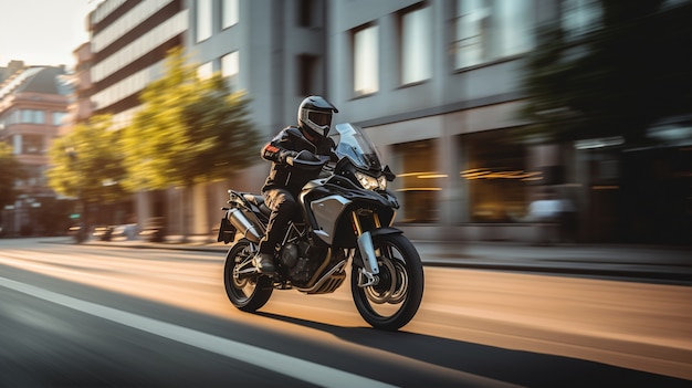 Hombre de tiro completo montando motocicleta al aire libre