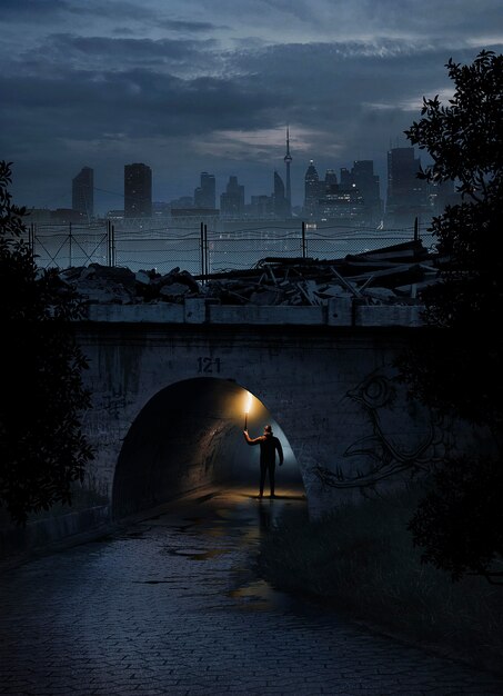 Hombre de tiro completo bajo el puente con luz