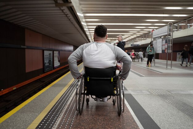 Hombre de tiro completo que viaja en silla de ruedas