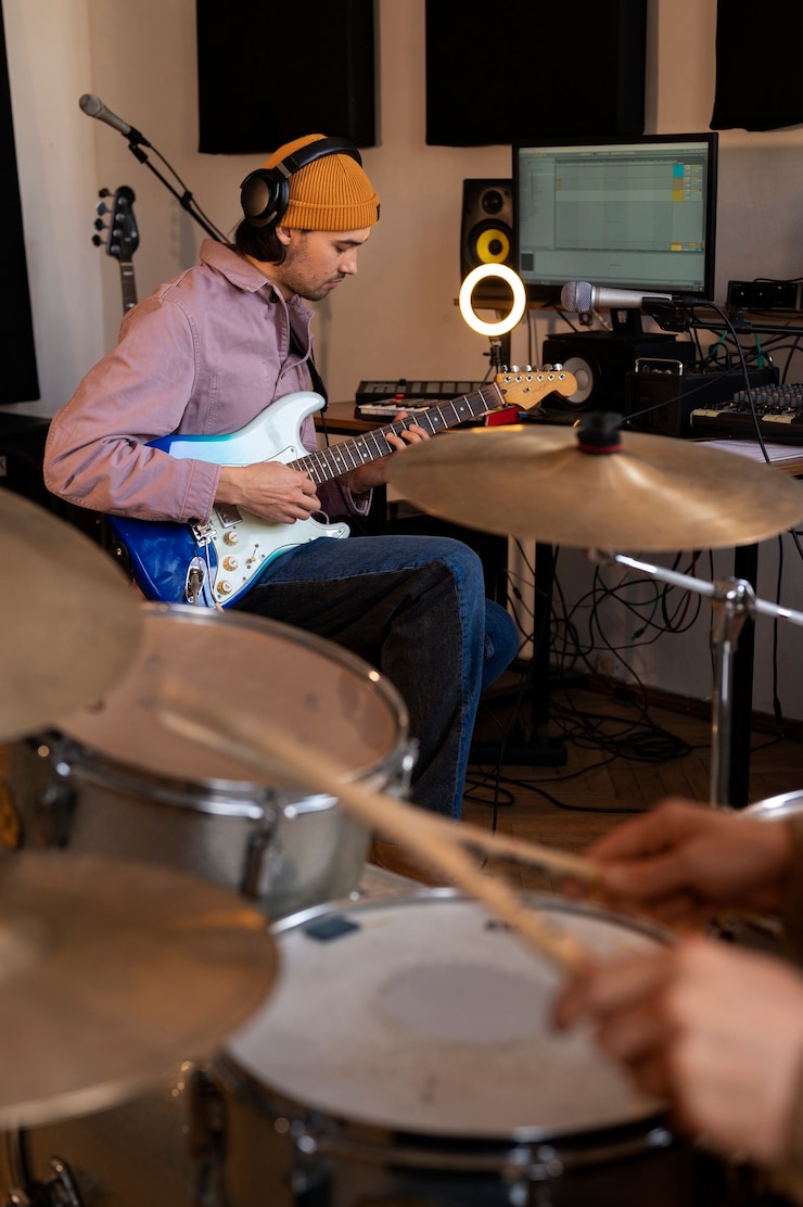 Foto gratuito hombre de tiro completo tocando la guitarra