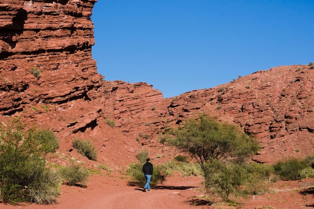 Hombre de tiro largo caminando en el desierto