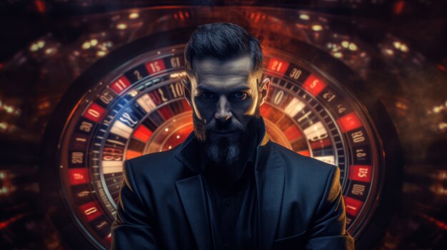 Hombre de tiro medio en un casino futurista