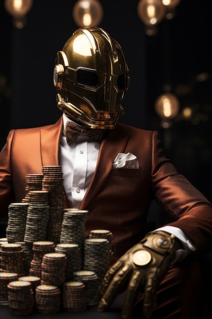 Hombre de tiro medio en un casino futurista