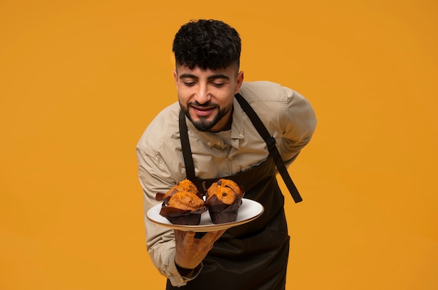 Hombre de tiro medio con deliciosos muffins.