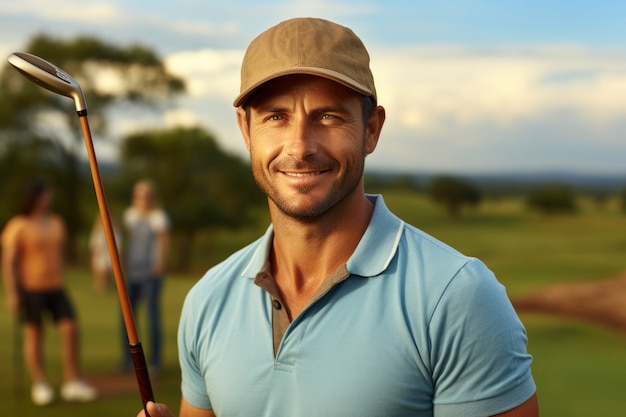 Hombre de tiro medio jugando al golf en la naturaleza