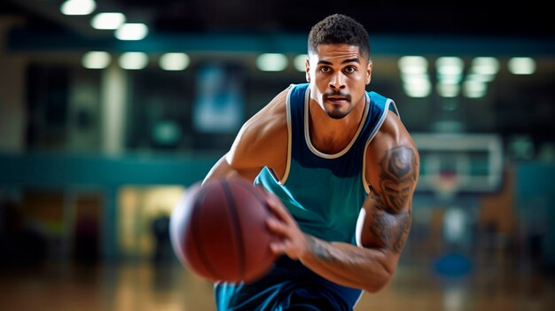 Hombre de tiro medio jugando baloncesto