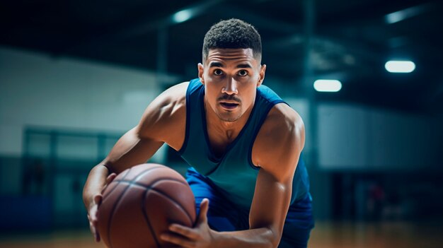 Hombre de tiro medio jugando baloncesto