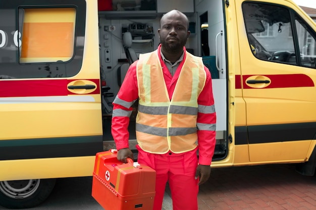 Foto gratuita hombre de tiro medio con kit de emergencia