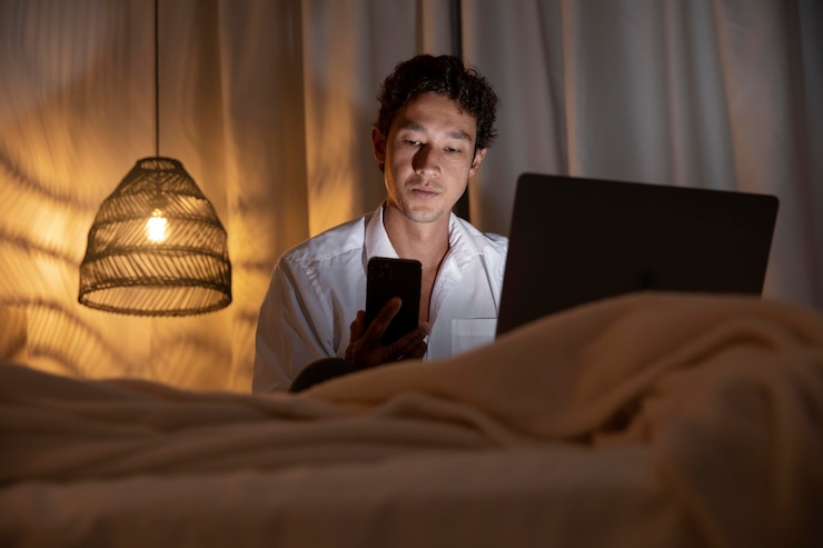Foto gratuito hombre de tiro medio con laptop y teléfono