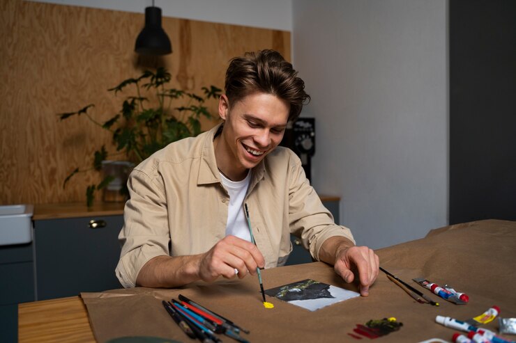Foto gratuito hombre de tiro medio pintando acuarelas