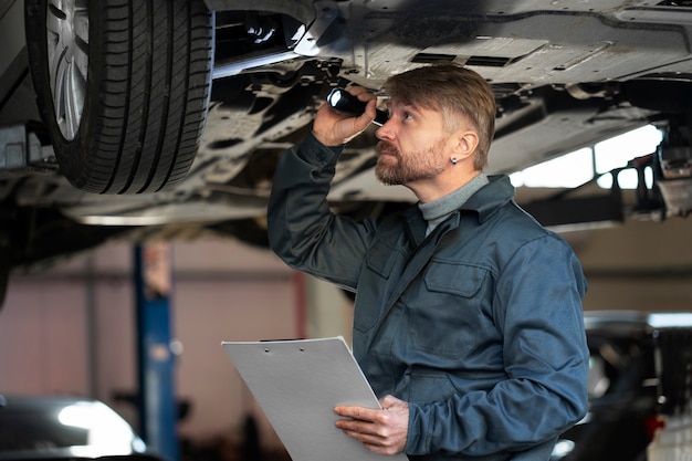 Hombre de tiro medio revisando auto