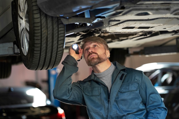 Foto gratuita hombre de tiro medio revisando auto