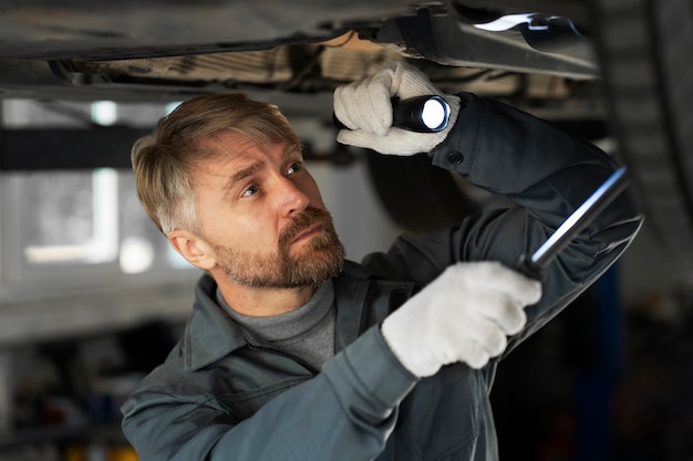 Hombre de tiro medio revisando auto