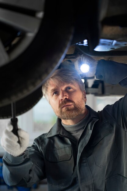 Hombre de tiro medio revisando auto