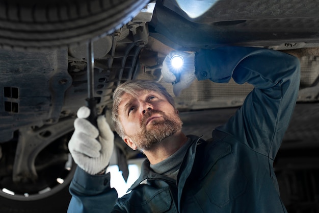 Hombre de tiro medio revisando auto