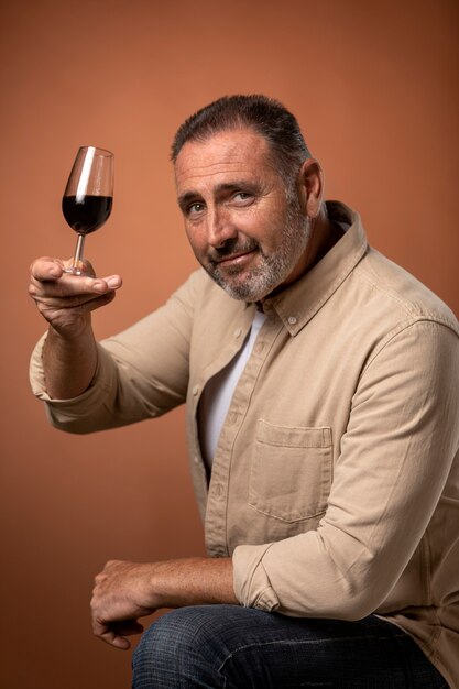 Hombre de tiro medio sosteniendo una copa de vino