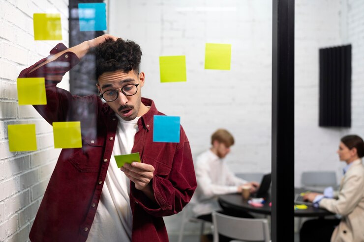 Foto gratuito hombre de tiro medio sosteniendo post it