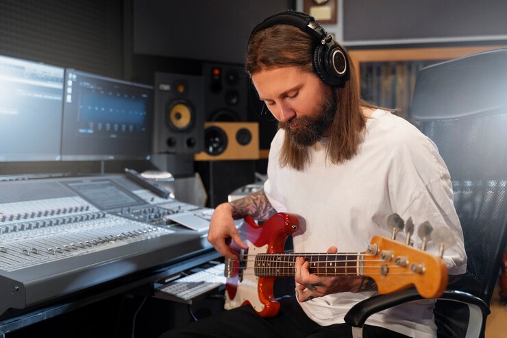 Foto gratuito hombre de tiro medio tocando la guitarra en el estudio