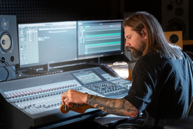 Foto gratuita hombre de tiro medio tocando la guitarra en el estudio