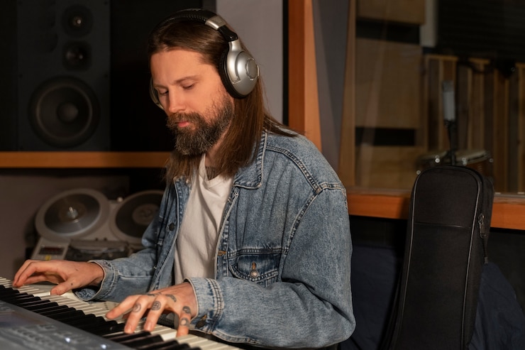Foto gratuito hombre de tiro medio tocando el piano en el estudio