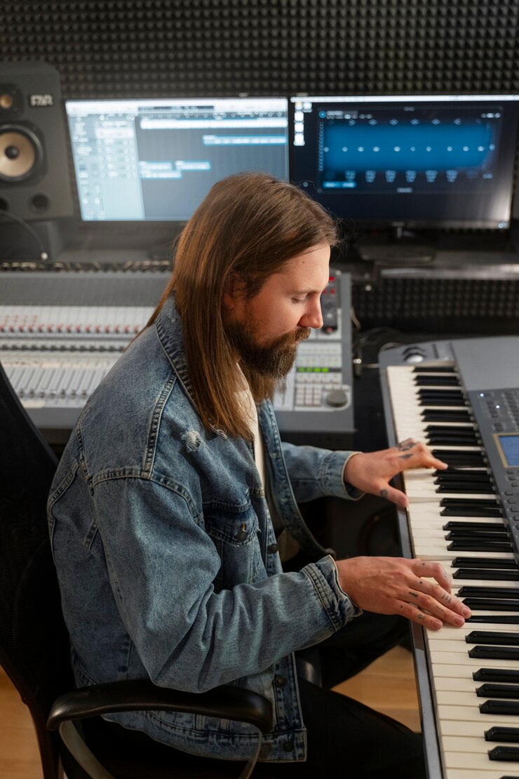 Foto gratuito hombre de tiro medio tocando el piano en el estudio