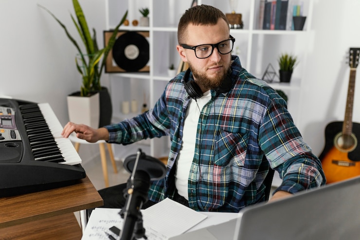 Foto gratuito hombre de tiro medio tocando el piano