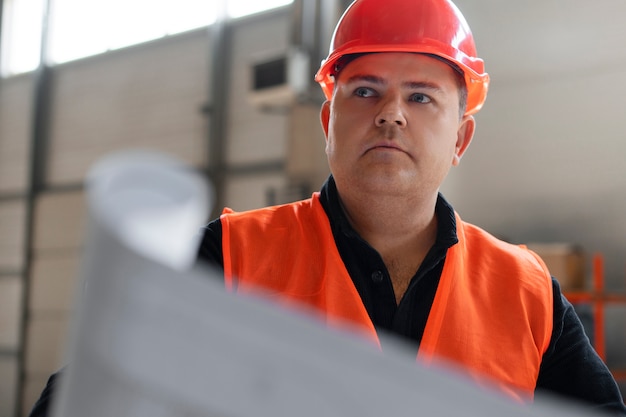 Hombre de tiro medio trabajando en la construcción.