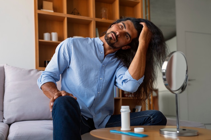 Foto gratuito hombre de tiro medio usando champú seco en casa