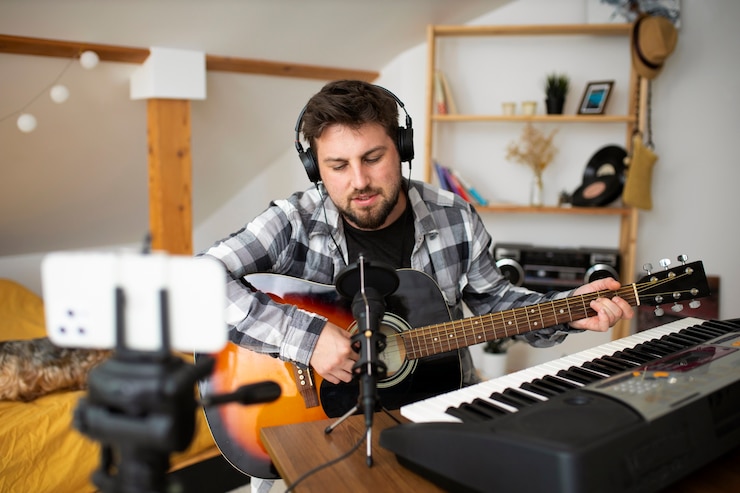 Foto gratuito hombre tocando la guitarra vista frontal