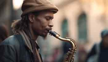 Foto gratuita un hombre tocando un saxofón en una calle.