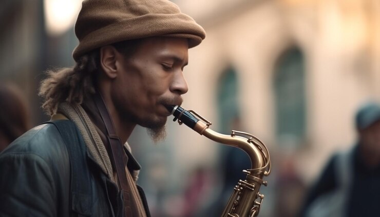 Foto gratuito un hombre tocando un saxofón en una calle.