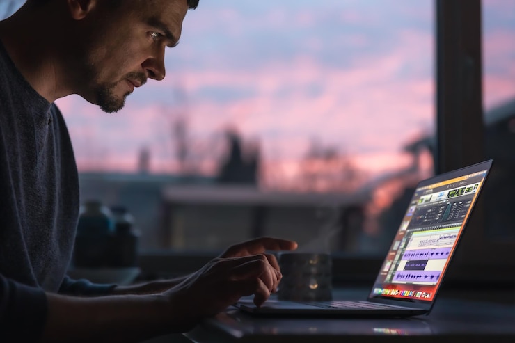 Foto gratuito un hombre trabaja con sonido en una computadora portátil temprano en la mañana