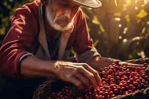 Foto gratuita hombre trabajador recolectando con granos de café cosechando luz suave fresca