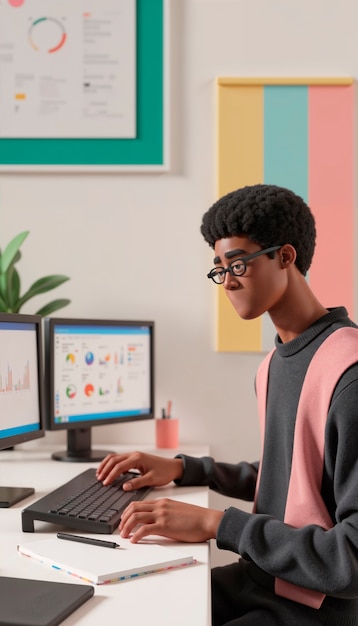 Hombre trabajando en una computadora con análisis de datos