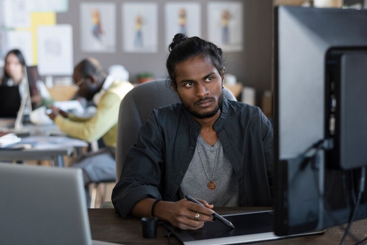 Foto gratuito hombre trabajando en un estudio de animación
