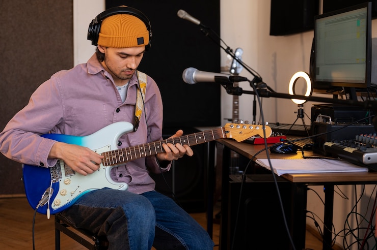 Foto gratuito hombre trabajando en música en estudio con instrumentos.