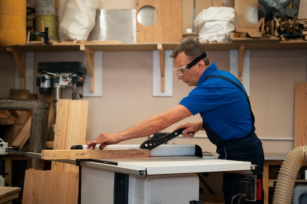 Hombre trabajando en su taller de carpintería con herramientas y equipos.