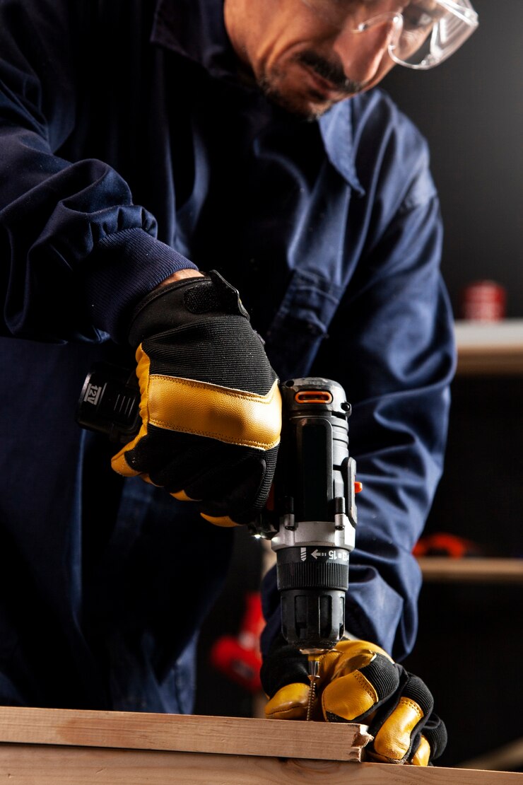 Foto gratuito hombre trabajando con vista frontal de taladro