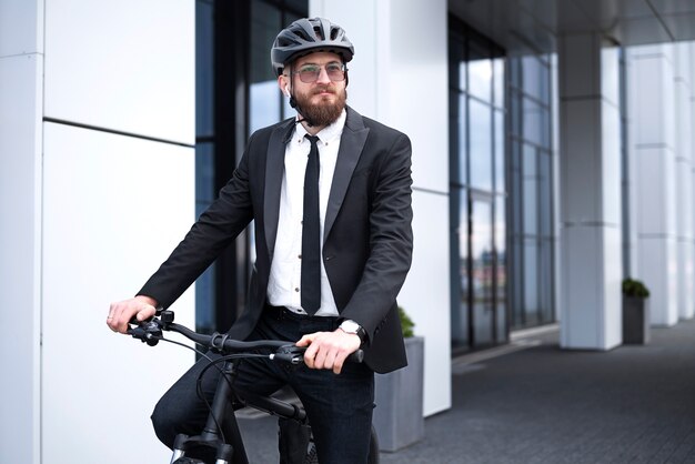 Hombre en traje de ciclismo al trabajo plano medio