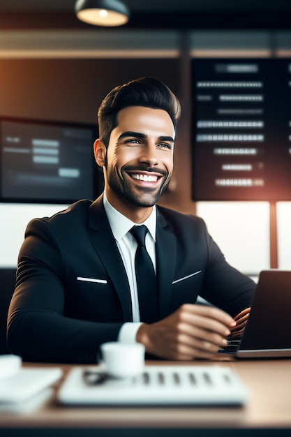 Foto gratuita un hombre con traje se sienta en una mesa con una computadora portátil frente a una pantalla que dice 