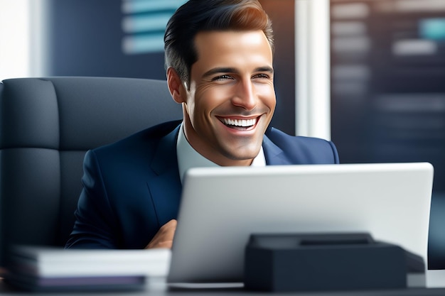 Foto gratuita un hombre con traje sonríe a una computadora portátil.