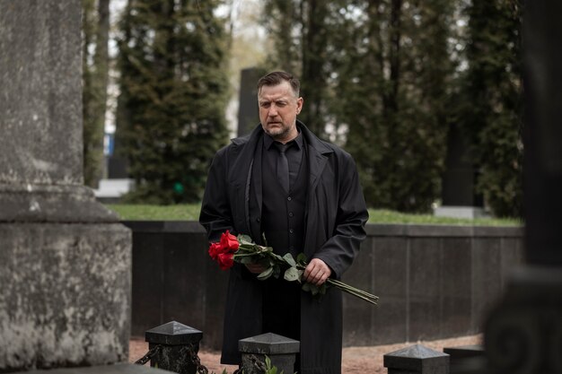 Hombre trayendo rosas a una lápida en el cementerio