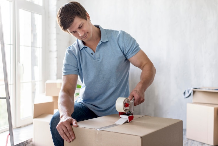 Foto gratuito hombre usando cinta adhesiva en la caja para asegurarla para mudarse