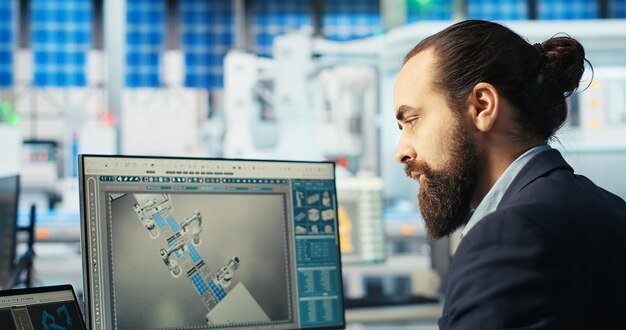 Hombre usando un portátil optimizando el suministro de energía en una planta de fabricación de paneles solares