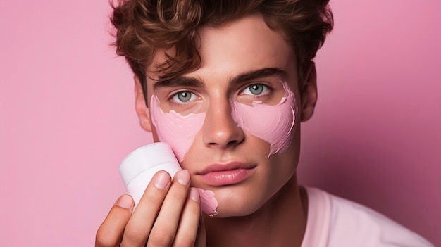 Foto gratuita hombre usando producto de belleza rosa en su cara