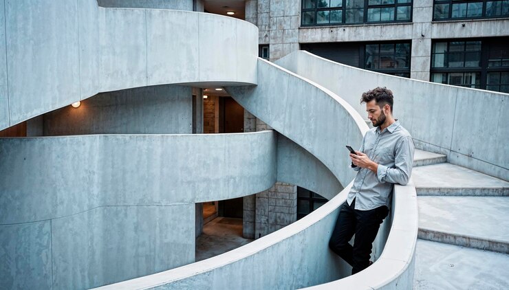 Foto gratuito hombre usando un teléfono inteligente en una configuración arquitectónica de hormigón curvo