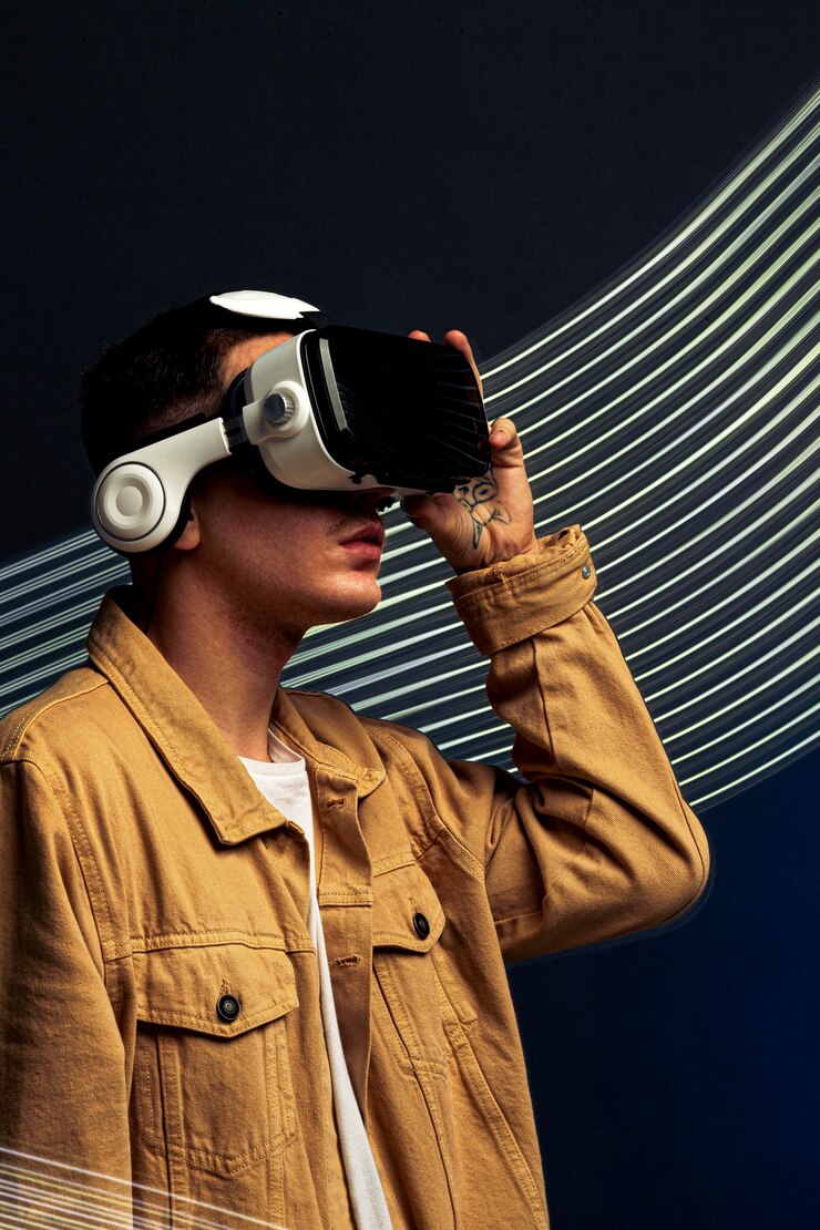 Foto gratuito hombre vestido con gafas de realidad virtual con efectos especiales