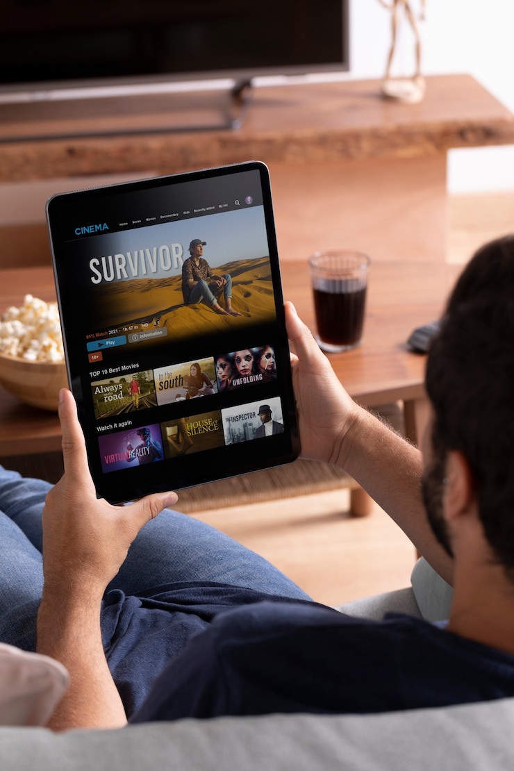 Foto gratuito hombre viendo servicio de streaming en su tableta