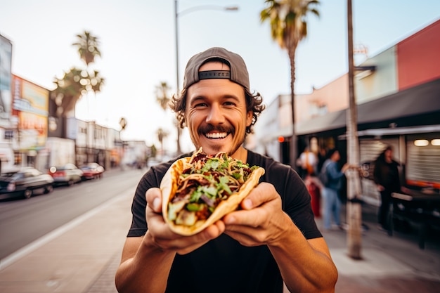 El hombre de la vista delantera con un delicioso taco