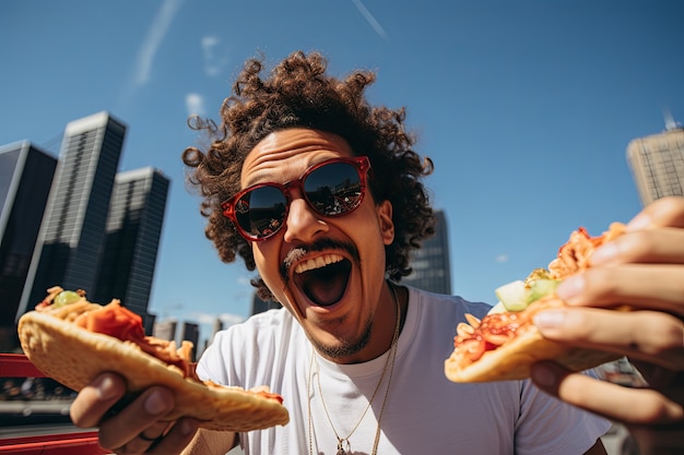 El hombre de la vista delantera con un delicioso taco